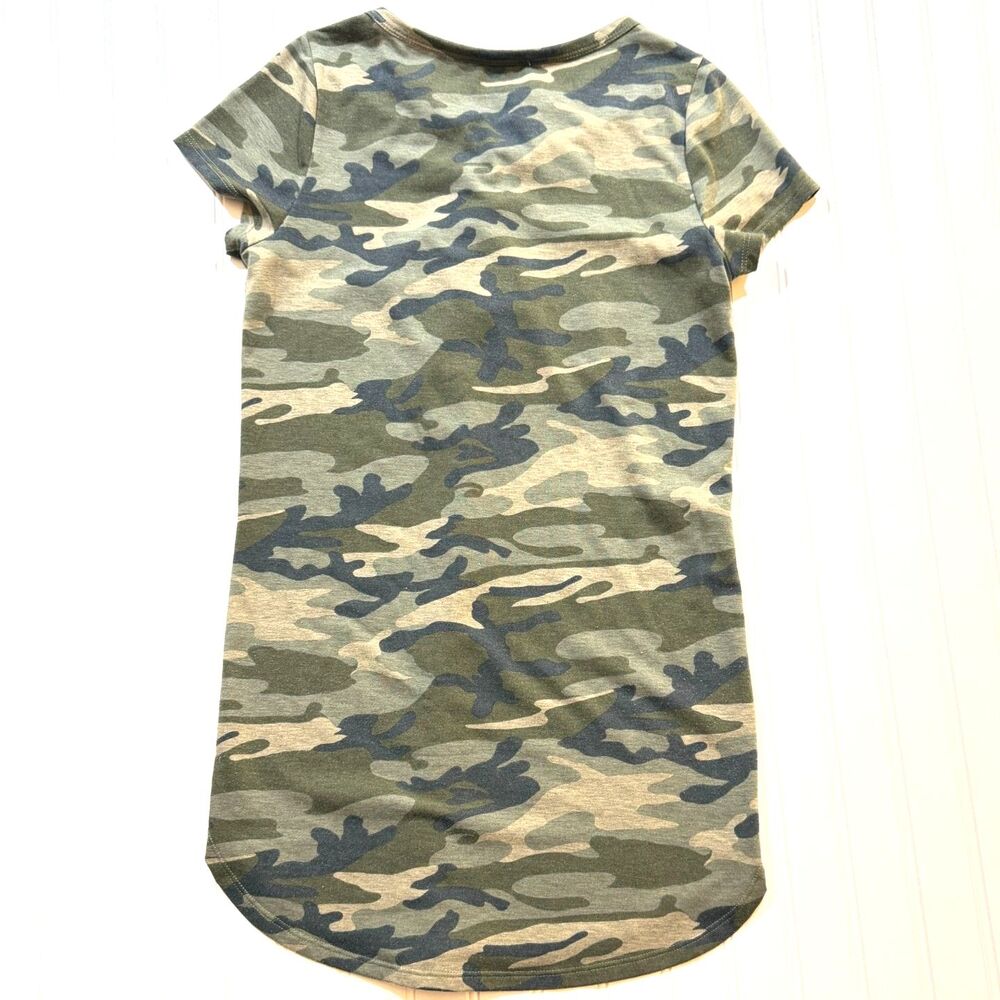 Camo Lace Up Mini Dress Grommet Casual Short Sleeve Tunic Shift Green Brown S - Picture 2 of 5